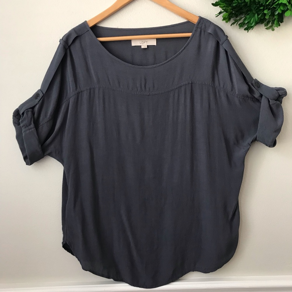 LOFT Gray Rolled Sleeve Crepe Oversized Blouse M